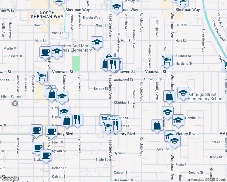 map of restaurants, bars, coffee shops, grocery stores, and more near 6632 Hazeltine Avenue in Los Angeles