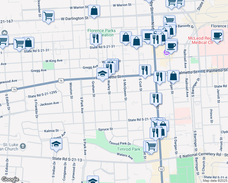 map of restaurants, bars, coffee shops, grocery stores, and more near 405 Warley Street in Florence