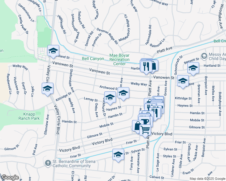 map of restaurants, bars, coffee shops, grocery stores, and more near 23928 Archwood Street in Los Angeles
