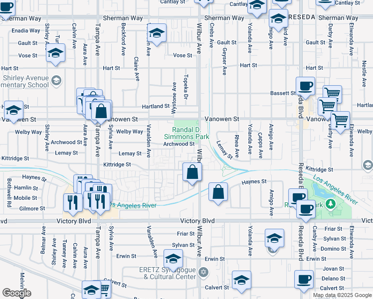map of restaurants, bars, coffee shops, grocery stores, and more near 6667 Wilbur Avenue in Los Angeles