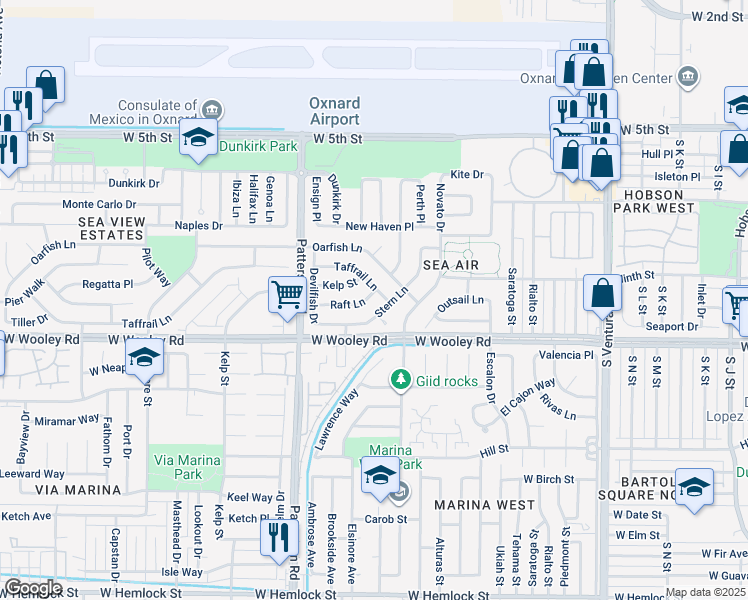 map of restaurants, bars, coffee shops, grocery stores, and more near 2510 Raft Lane in Oxnard