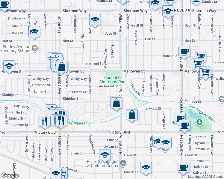map of restaurants, bars, coffee shops, grocery stores, and more near 6667 Wilbur Avenue in Los Angeles