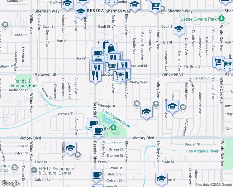 map of restaurants, bars, coffee shops, grocery stores, and more near 6620 Darby Avenue in Los Angeles
