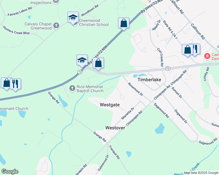 map of restaurants, bars, coffee shops, grocery stores, and more near 105 Ivy Hall Lane in Greenwood