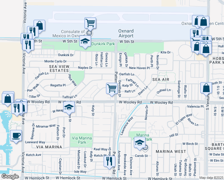 map of restaurants, bars, coffee shops, grocery stores, and more near 1043 Patterson Road in Oxnard