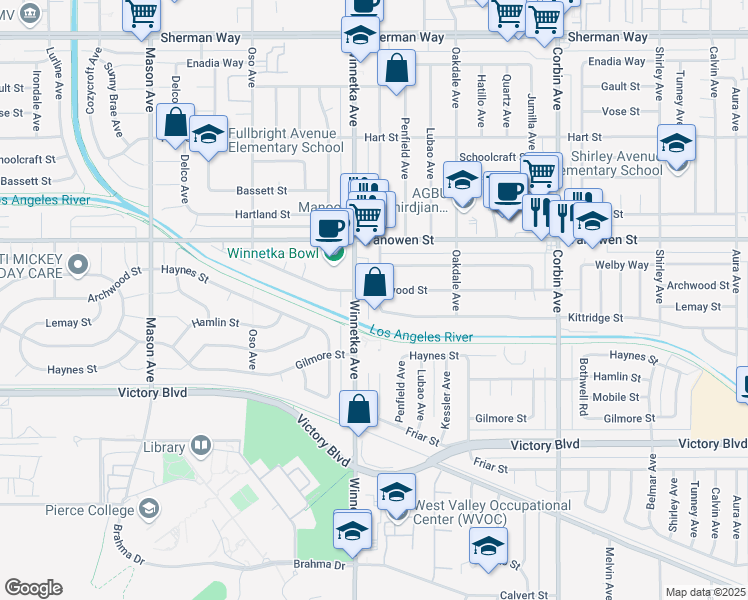 map of restaurants, bars, coffee shops, grocery stores, and more near 6632 Winnetka Avenue in Los Angeles