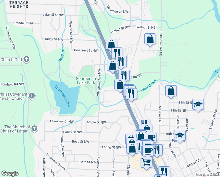 map of restaurants, bars, coffee shops, grocery stores, and more near 1404 Mitchell Road Northwest in Cullman