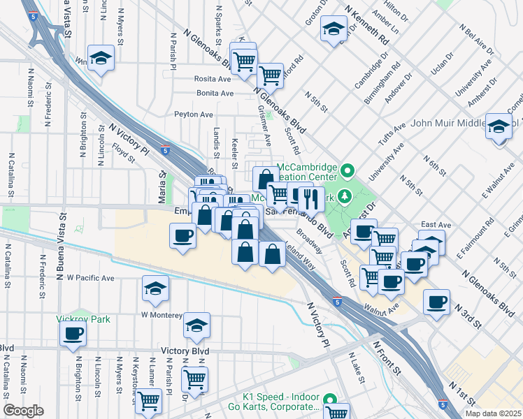 map of restaurants, bars, coffee shops, grocery stores, and more near 1620 North San Fernando Boulevard in Burbank