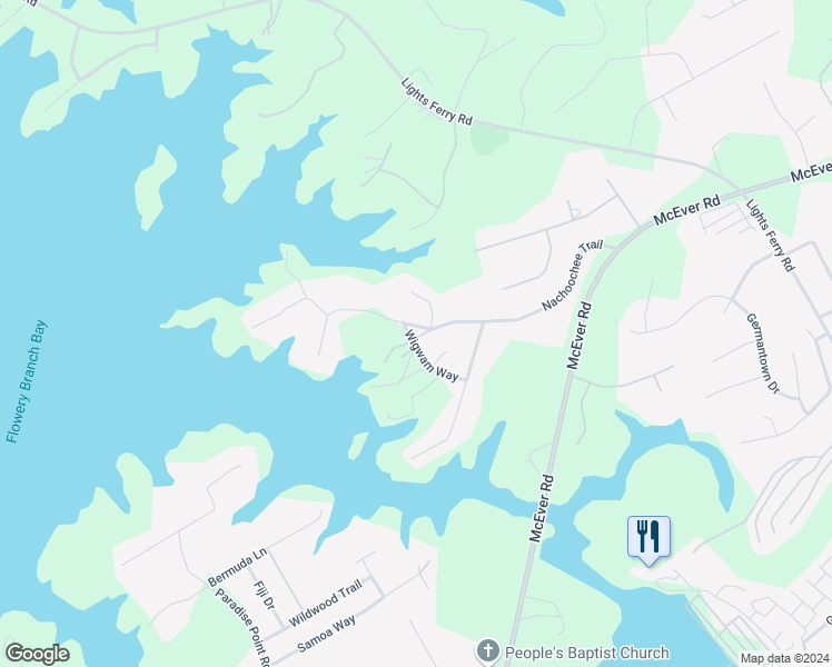 map of restaurants, bars, coffee shops, grocery stores, and more near 5943 Nachoochee Trail in Flowery Branch
