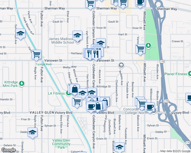 map of restaurants, bars, coffee shops, grocery stores, and more near 6644 Coldwater Canyon Avenue in Los Angeles