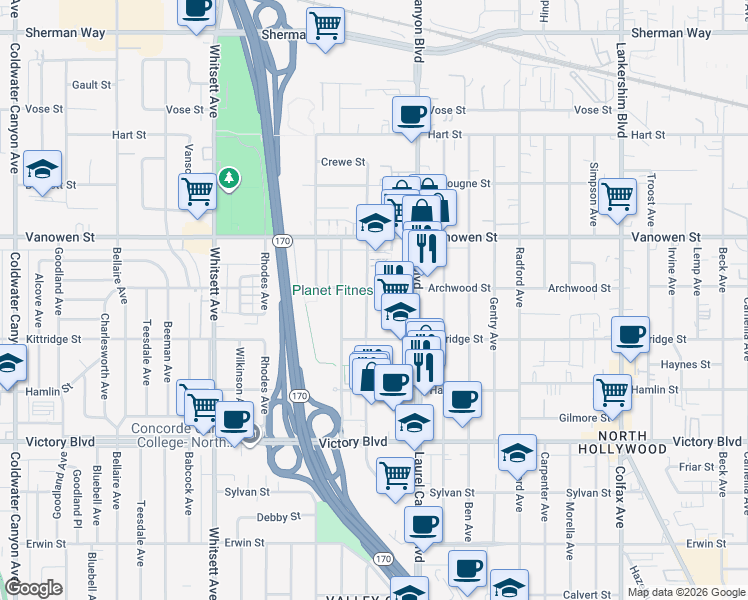 map of restaurants, bars, coffee shops, grocery stores, and more near 6618 Bellingham Avenue in Los Angeles