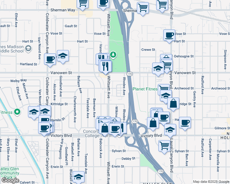 map of restaurants, bars, coffee shops, grocery stores, and more near 12436 Lemay Street in Los Angeles