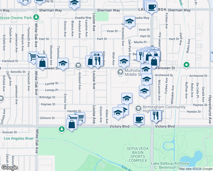 map of restaurants, bars, coffee shops, grocery stores, and more near 6624 Aldea Avenue in Los Angeles