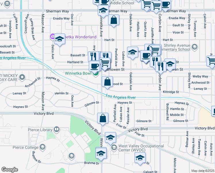 map of restaurants, bars, coffee shops, grocery stores, and more near 6632 Winnetka Avenue in Los Angeles