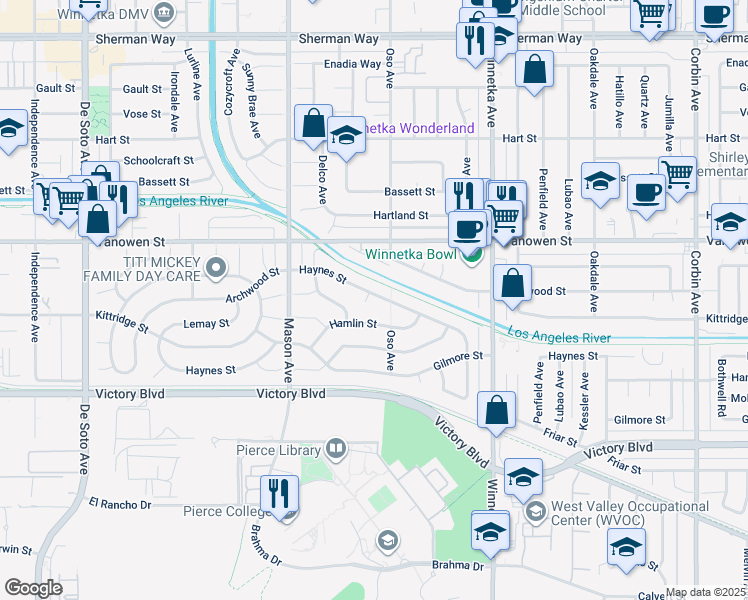map of restaurants, bars, coffee shops, grocery stores, and more near 20331 Hamlin Street in Los Angeles