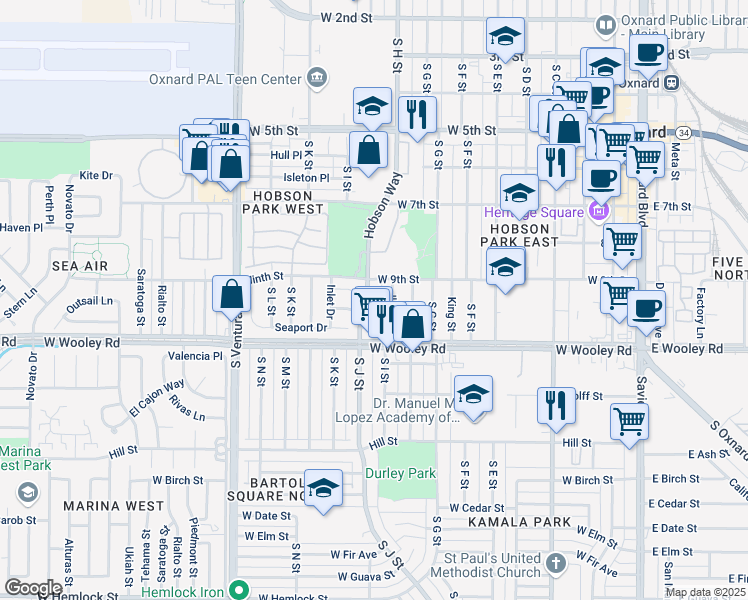 map of restaurants, bars, coffee shops, grocery stores, and more near 1021 Ilena Street in Oxnard