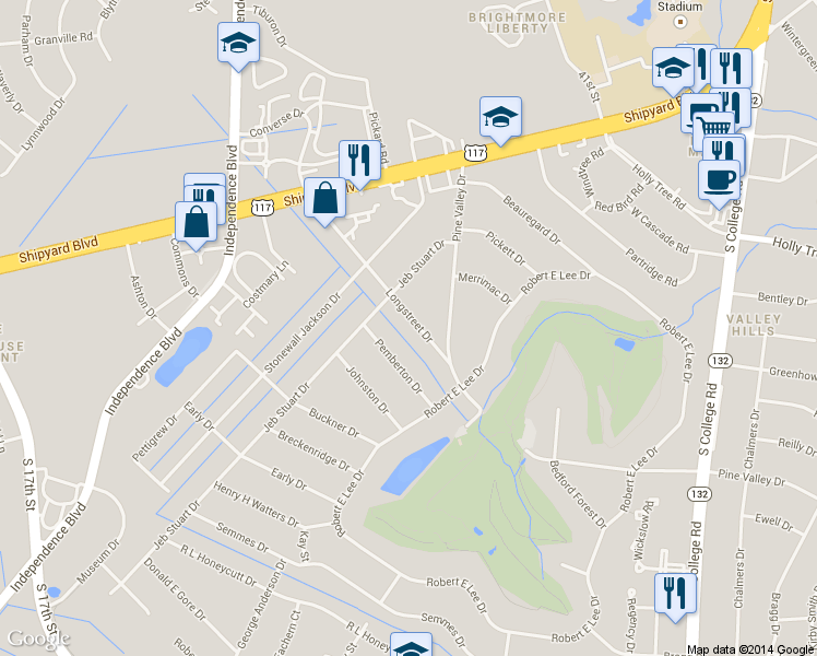 map of restaurants, bars, coffee shops, grocery stores, and more near 317 Pemberton Drive in Wilmington