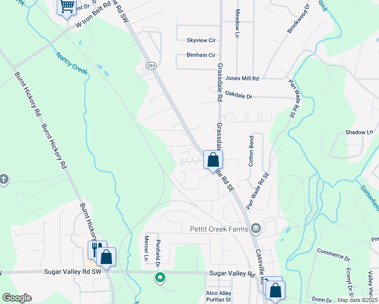map of restaurants, bars, coffee shops, grocery stores, and more near 56 Point Place Drive in Cartersville