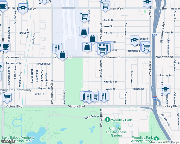 map of restaurants, bars, coffee shops, grocery stores, and more near 6656 Valjean Avenue in Los Angeles