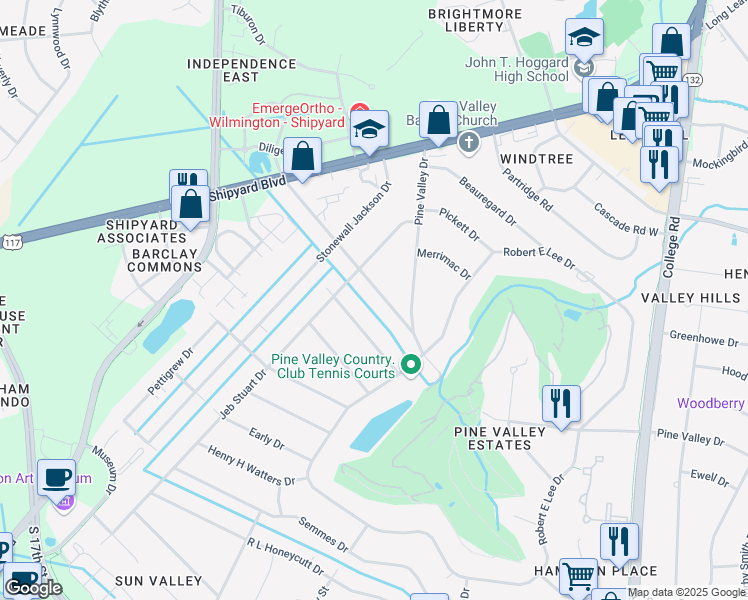 map of restaurants, bars, coffee shops, grocery stores, and more near 318 Longstreet Drive in Wilmington