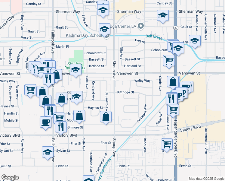 map of restaurants, bars, coffee shops, grocery stores, and more near 6655 Shoup Avenue in Los Angeles