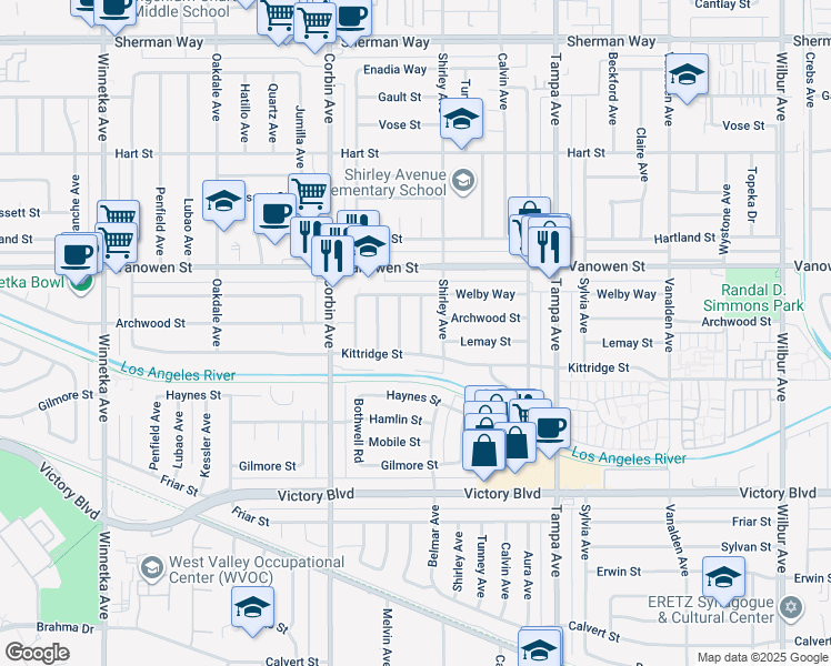 map of restaurants, bars, coffee shops, grocery stores, and more near 6653 Belmar Avenue in Los Angeles