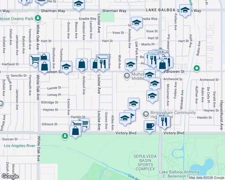 map of restaurants, bars, coffee shops, grocery stores, and more near 6624 Aldea Avenue in Los Angeles