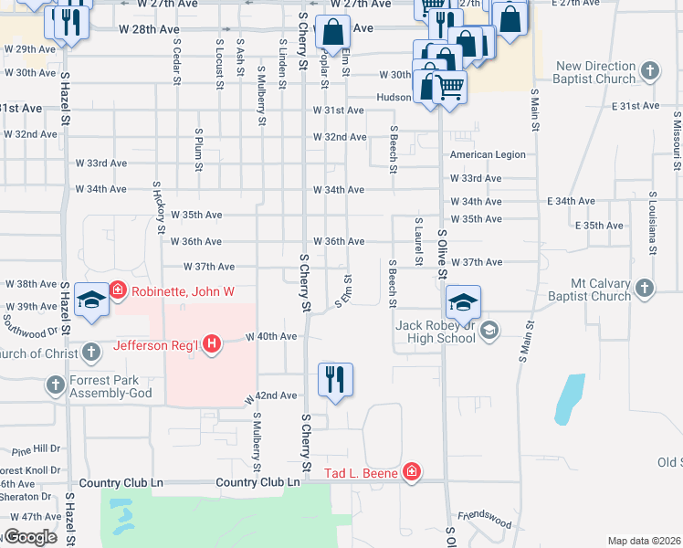 map of restaurants, bars, coffee shops, grocery stores, and more near 3717 South Poplar Street in Pine Bluff