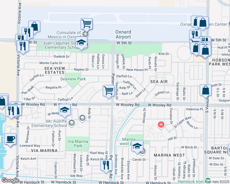 map of restaurants, bars, coffee shops, grocery stores, and more near 931 Devilfish Drive in Oxnard