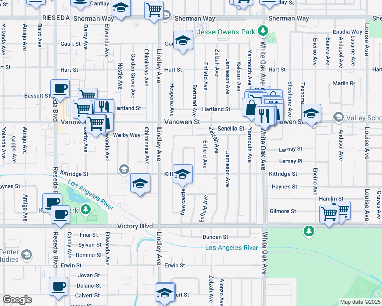 map of restaurants, bars, coffee shops, grocery stores, and more near 6620 Bertrand Avenue in Los Angeles