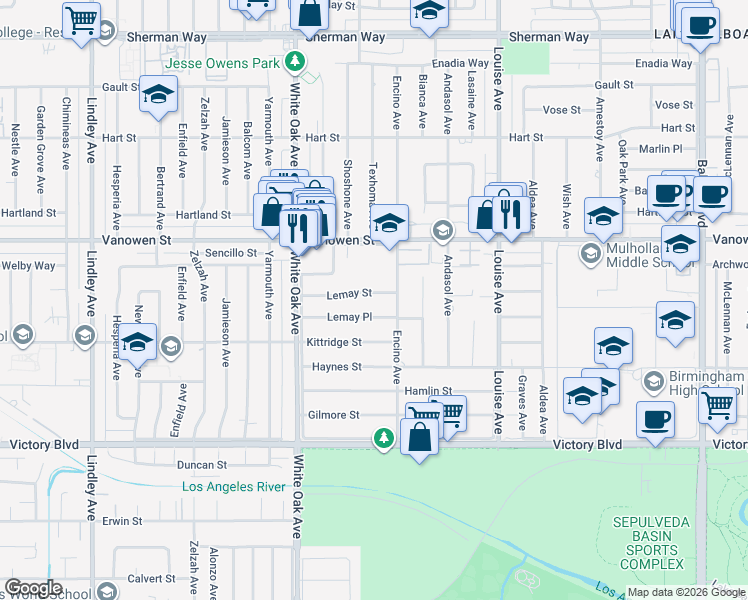 map of restaurants, bars, coffee shops, grocery stores, and more near 17526 Lemay Street in Los Angeles