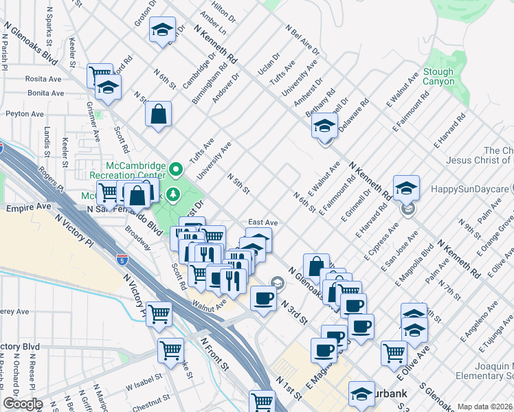 map of restaurants, bars, coffee shops, grocery stores, and more near 436 Cornell Drive in Burbank