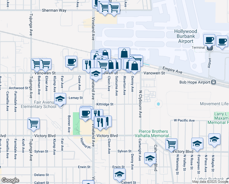 map of restaurants, bars, coffee shops, grocery stores, and more near 6622 Cleon Avenue in Los Angeles