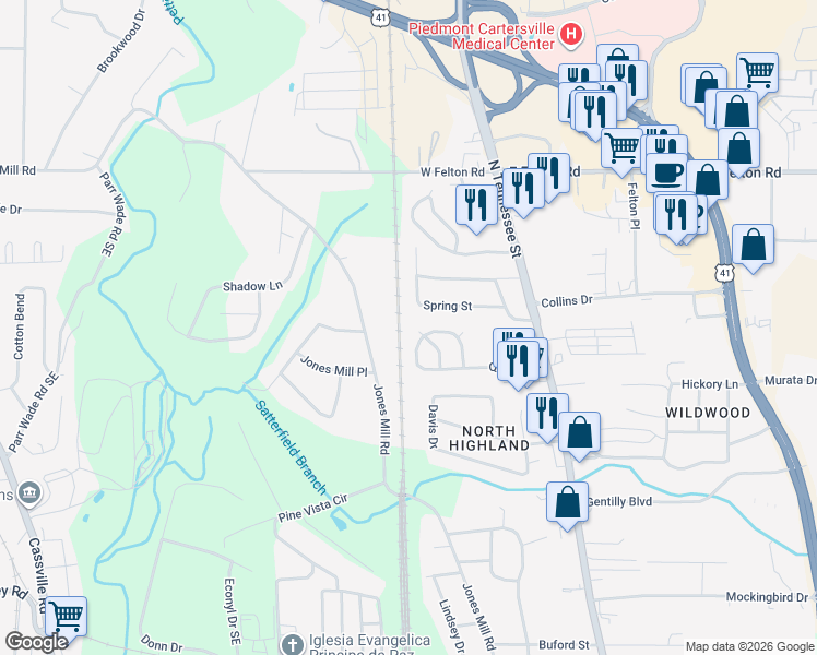 map of restaurants, bars, coffee shops, grocery stores, and more near 14 Dove Court in Cartersville