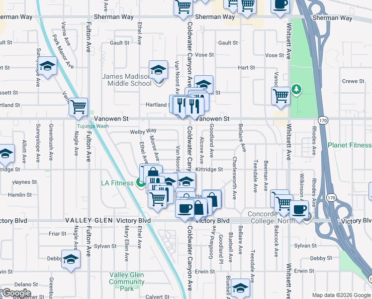 map of restaurants, bars, coffee shops, grocery stores, and more near 6645 Coldwater Canyon Avenue in Los Angeles