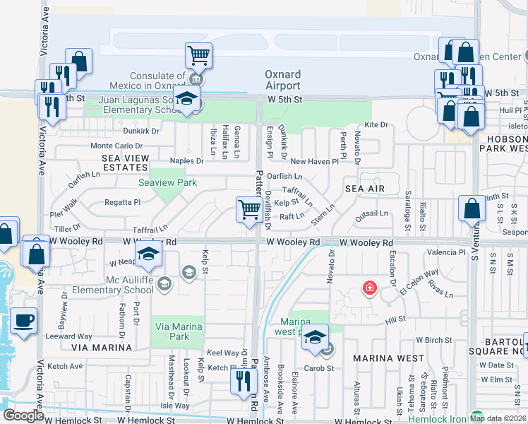 map of restaurants, bars, coffee shops, grocery stores, and more near 931 Devilfish Drive in Oxnard