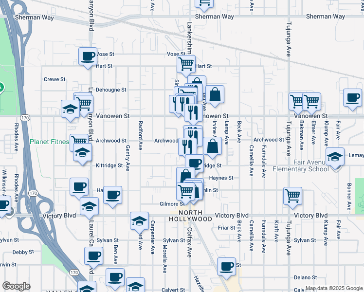 map of restaurants, bars, coffee shops, grocery stores, and more near 11714 Archwood Street in Los Angeles