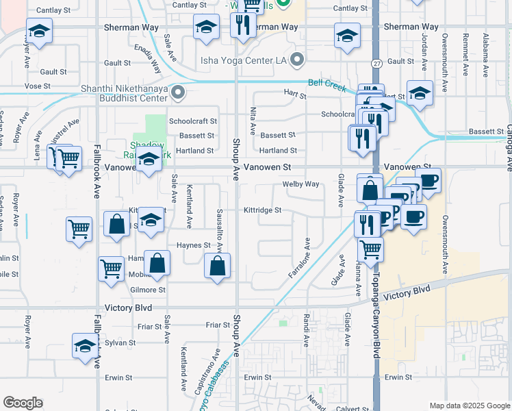 map of restaurants, bars, coffee shops, grocery stores, and more near 22353 Welby Way in Los Angeles