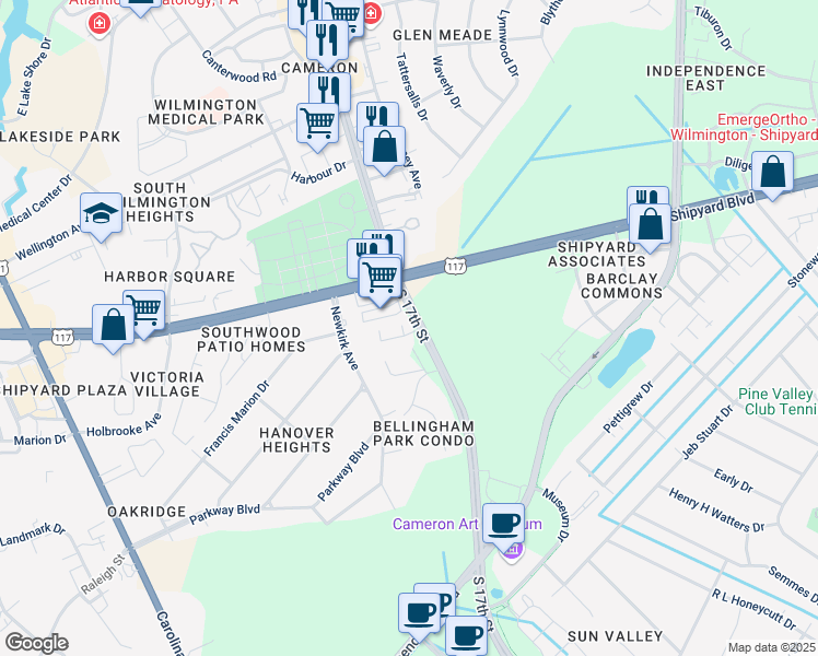 map of restaurants, bars, coffee shops, grocery stores, and more near 2702 South 17th Street in Wilmington