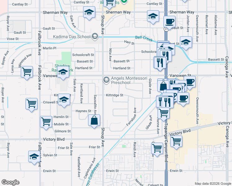 map of restaurants, bars, coffee shops, grocery stores, and more near 22315 Kittridge Street in Los Angeles