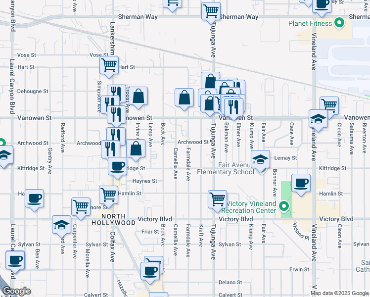 map of restaurants, bars, coffee shops, grocery stores, and more near 6651 Farmdale Avenue in Los Angeles