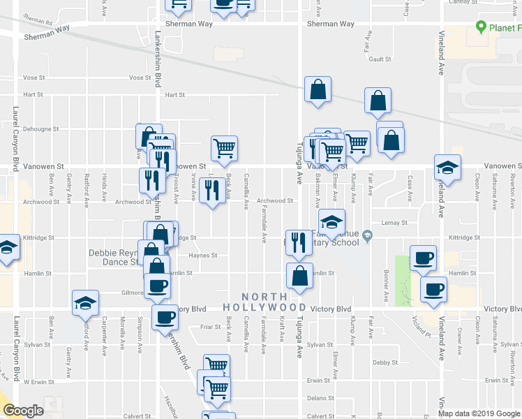 map of restaurants, bars, coffee shops, grocery stores, and more near 6651 Farmdale Avenue in Los Angeles