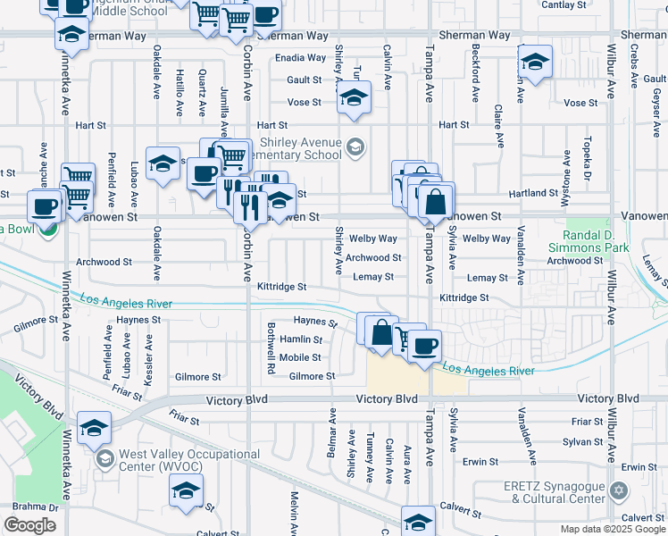 map of restaurants, bars, coffee shops, grocery stores, and more near 6659 Shirley Avenue in Los Angeles