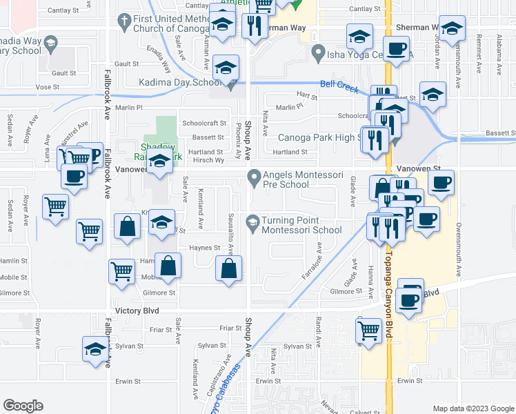 map of restaurants, bars, coffee shops, grocery stores, and more near 22355 Kittridge Street in Los Angeles