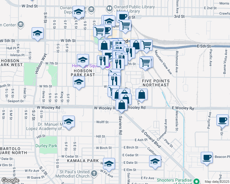 map of restaurants, bars, coffee shops, grocery stores, and more near 860 South A Street in Oxnard