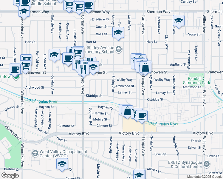 map of restaurants, bars, coffee shops, grocery stores, and more near 6659 Shirley Avenue in Los Angeles