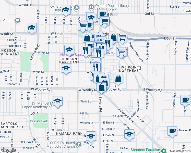 map of restaurants, bars, coffee shops, grocery stores, and more near 2 A Street in Oxnard