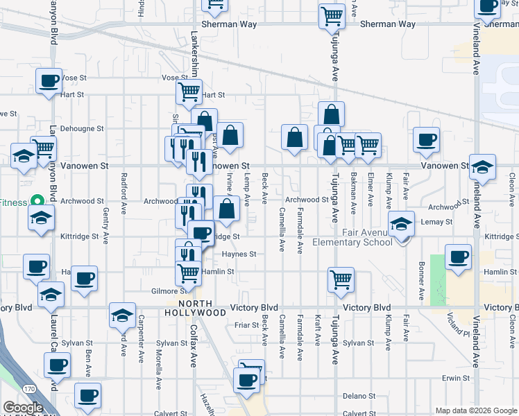 map of restaurants, bars, coffee shops, grocery stores, and more near 6651 Beck Avenue in Los Angeles