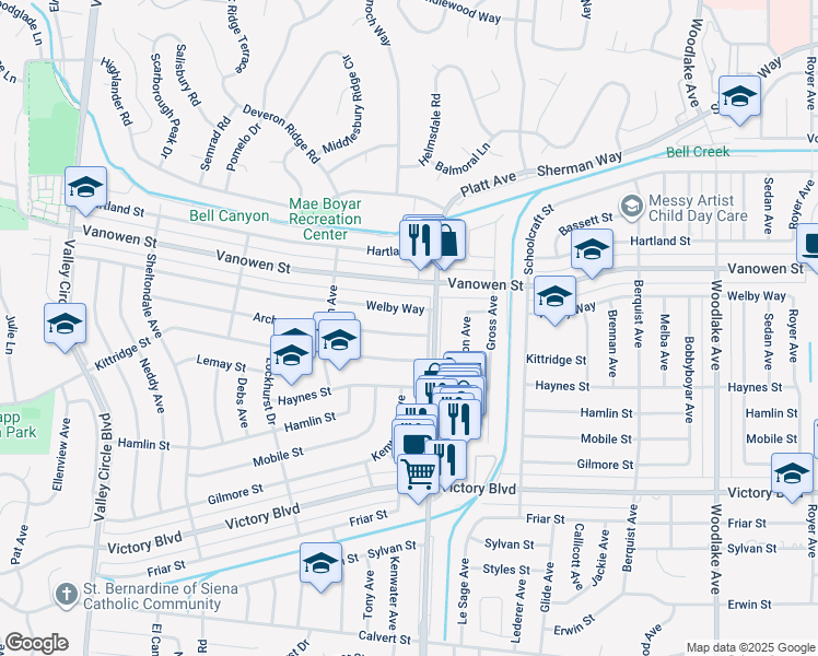 map of restaurants, bars, coffee shops, grocery stores, and more near 23721 Archwood Street in Los Angeles