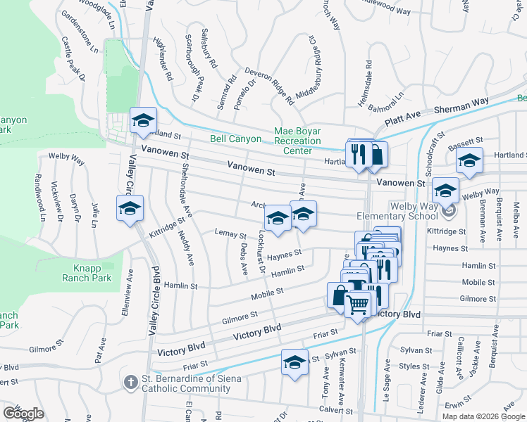 map of restaurants, bars, coffee shops, grocery stores, and more near 23952 Welby Way in Los Angeles
